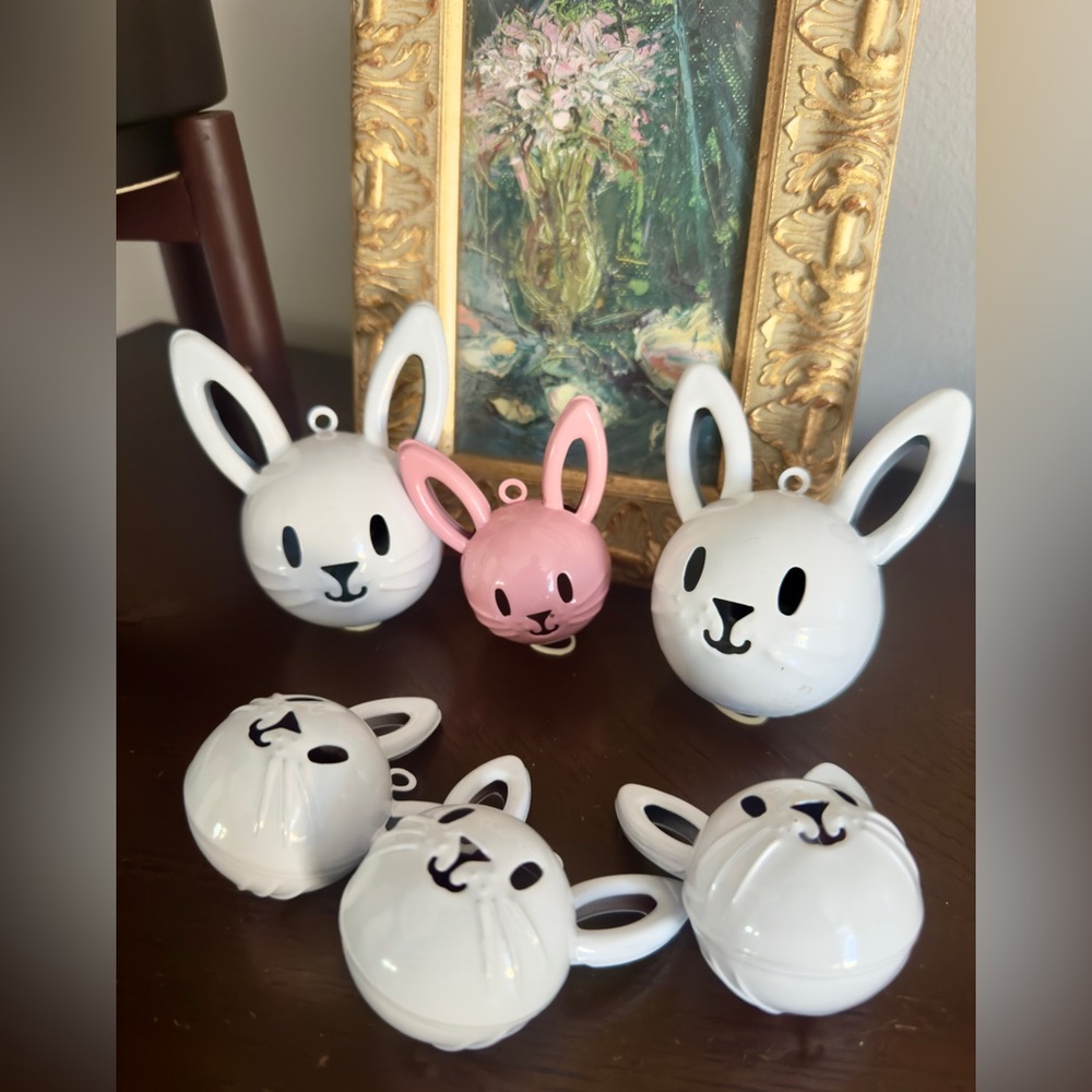 Set 6 Easter Bunny Ears Metal Jingle Bell Crafts Rabbit Pink White 3.5” & 2.5”